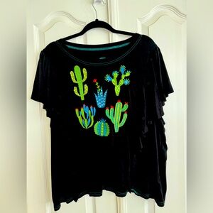 Double D Ranch Size 2X black with eyelet wings and embroidered cactus 🌵